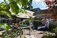 Das Bild zeigt eine sonnige Terrasse im Außenbereich. Mehrere ältere Menschen sitzen an einem Tisch unter großen, weißen Sonnenschirmen. Eine Person sitzt in einem Rollstuhl. Im Hintergrund ist ein modernes Gebäude mit großen Glasfenstern zu sehen. Grüne Pflanzen und Blumen umrahmen die Terrasse und sorgen für eine freundliche Atmosphäre